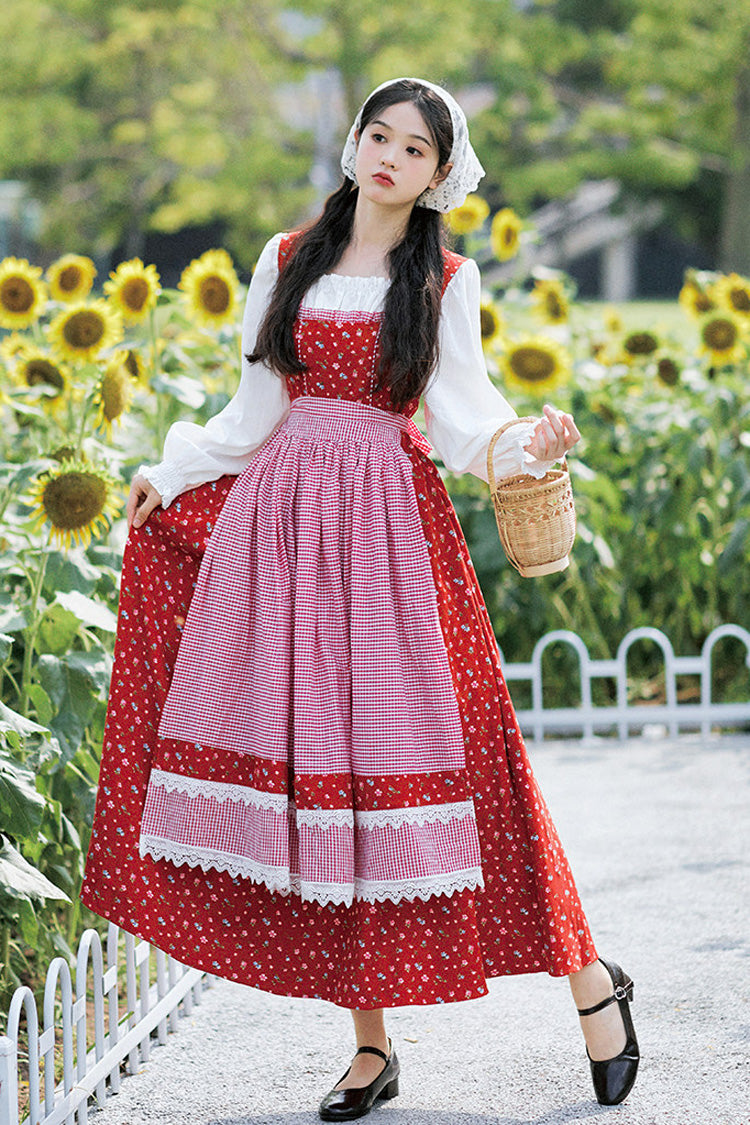 Robe Lolita rouge à fleurs, col carré, manches longues, imprimé à volants, classique, Vintage, pays français