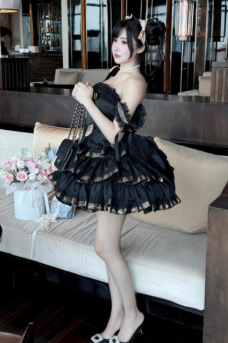 Black [Princess Ribbon] Off Shoulder Triple-Layered Ruffle Bowknot Sweet Lolita Dress