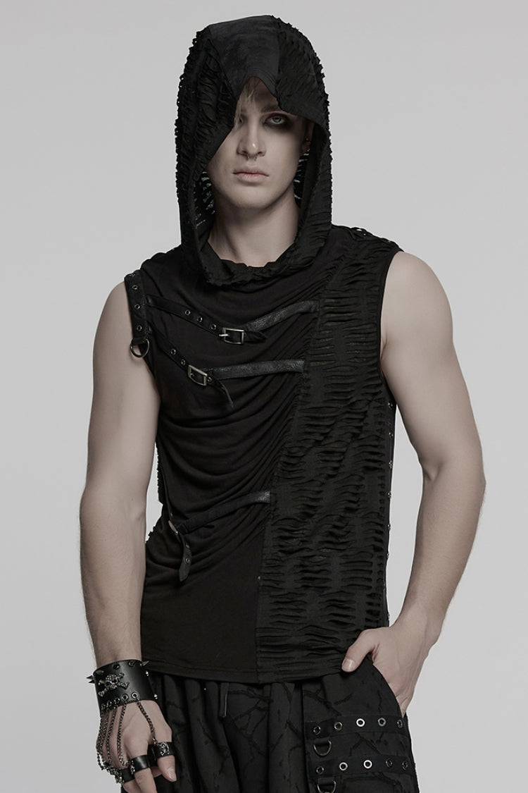 Black Sleeveless Hooded Ripped Ruched Men's Punk Vest