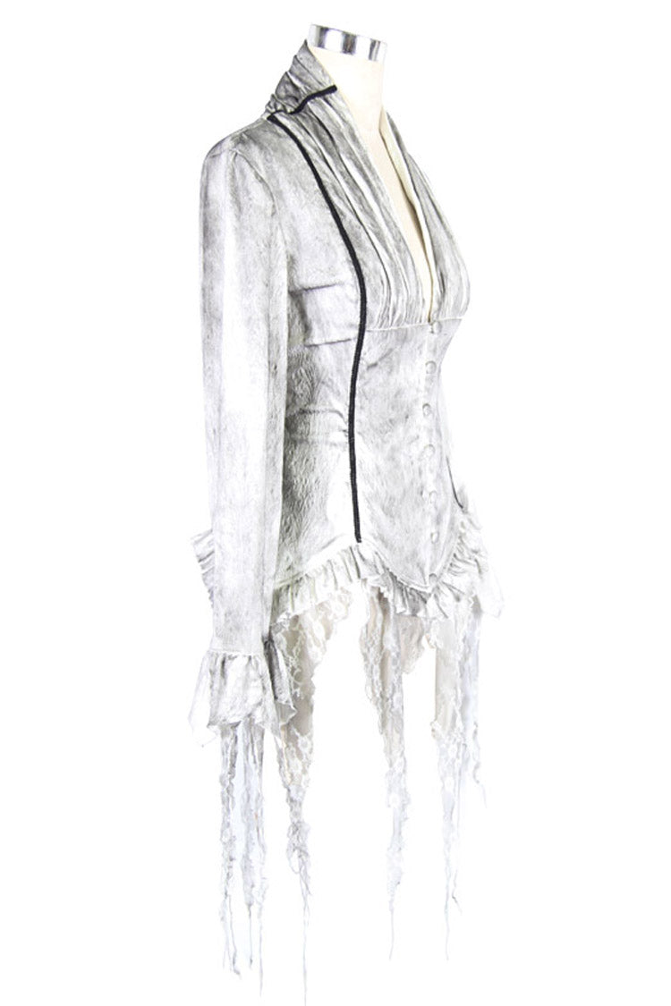 White Printed V-Neck Long Sleeve Flare Cuff Back Waist Lace-Up Irregular Lace Tassels Hem Women's Gothic Blouse