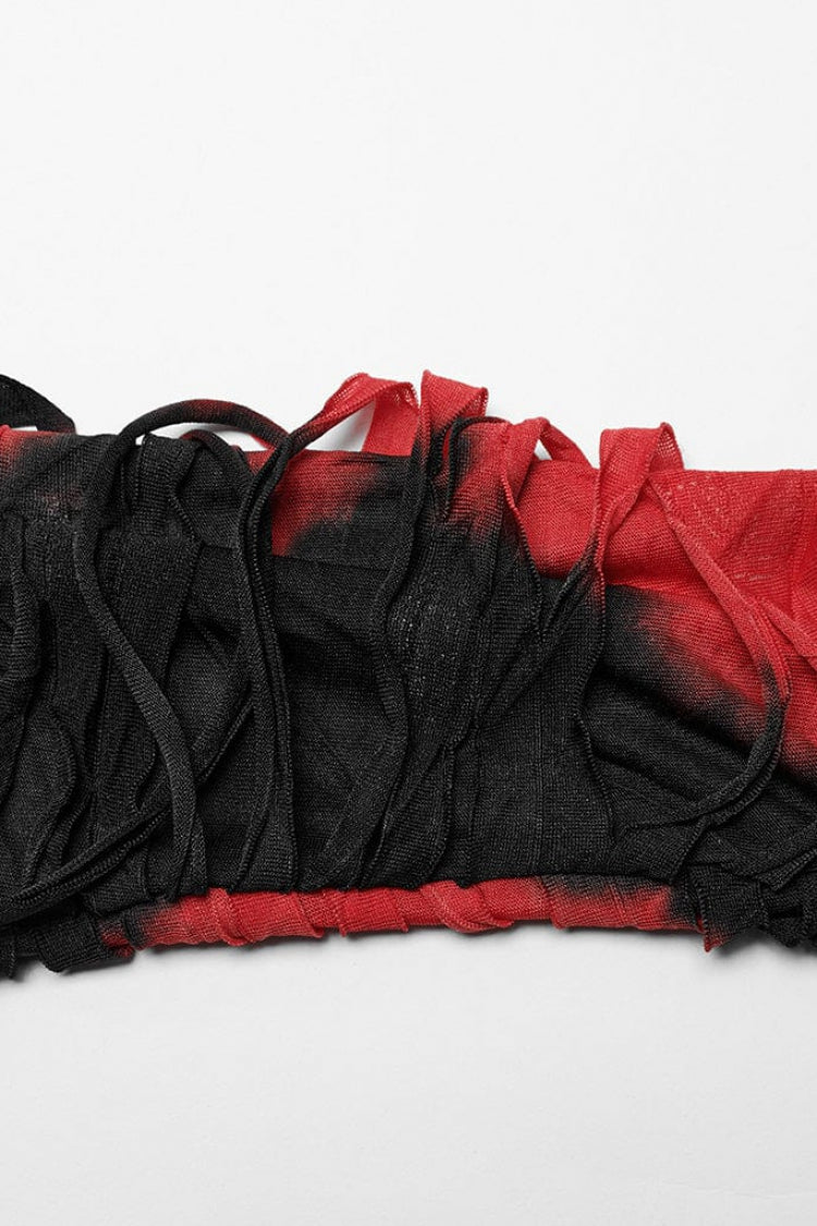 Red/Black Tie Dye Long Sleeves Hollow Womens Steampunk T-Shirt