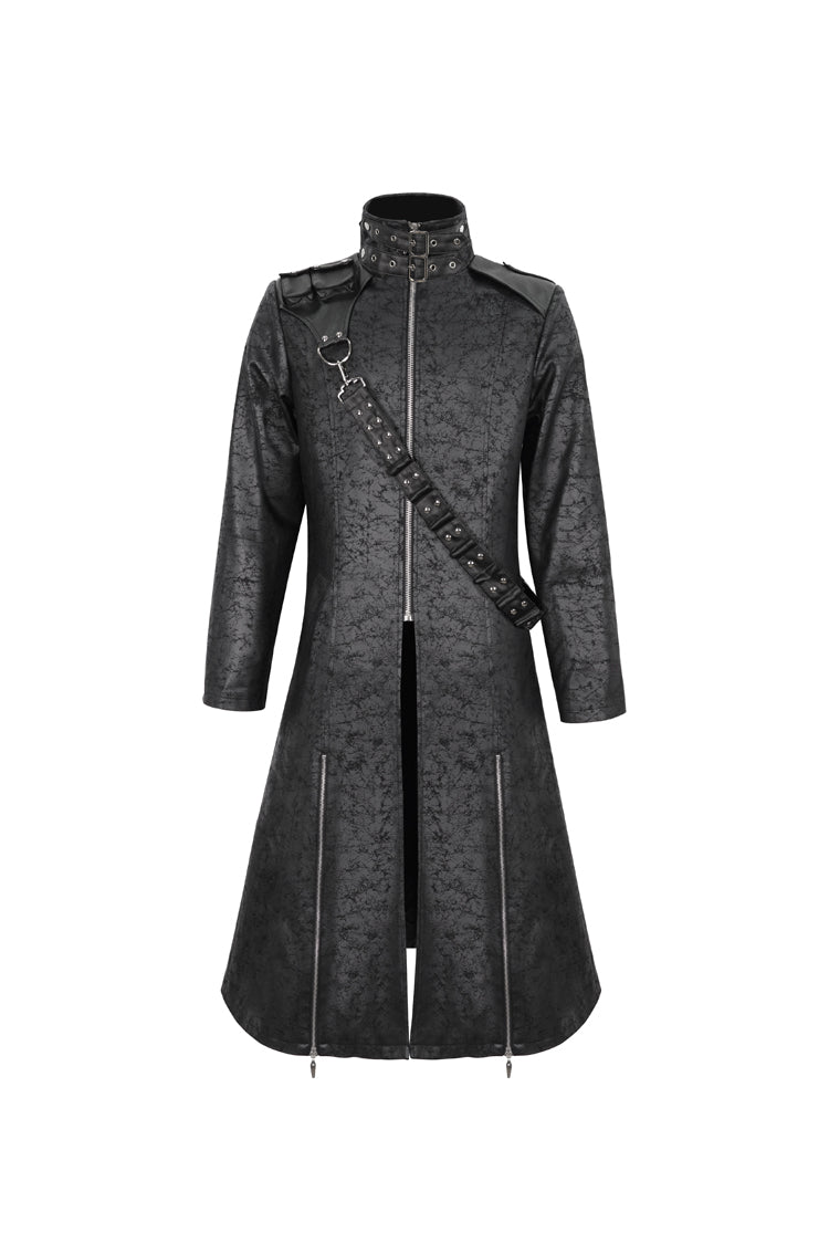 Black Stand Collar With Strap Split At The Hem Long Men's Gothic Coat