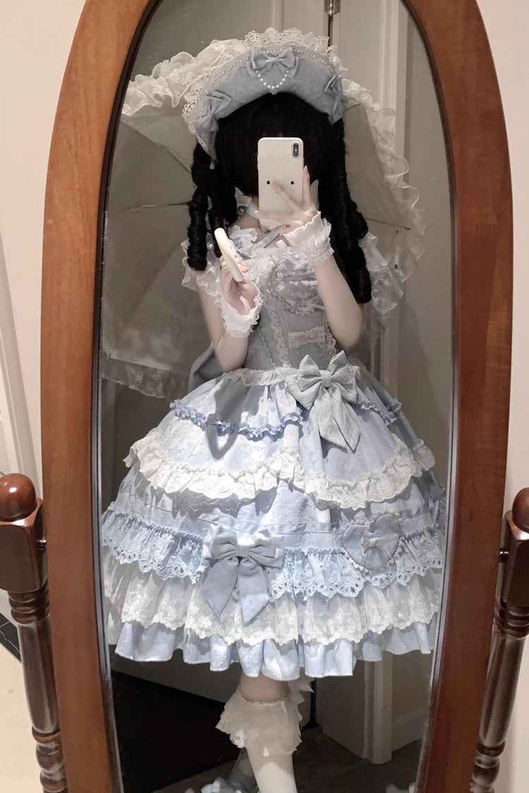 Robe Lolita Jsk bleue [Super Cute Belia] sans manches à trois volants superposés avec nœud en dentelle douce et élégante 