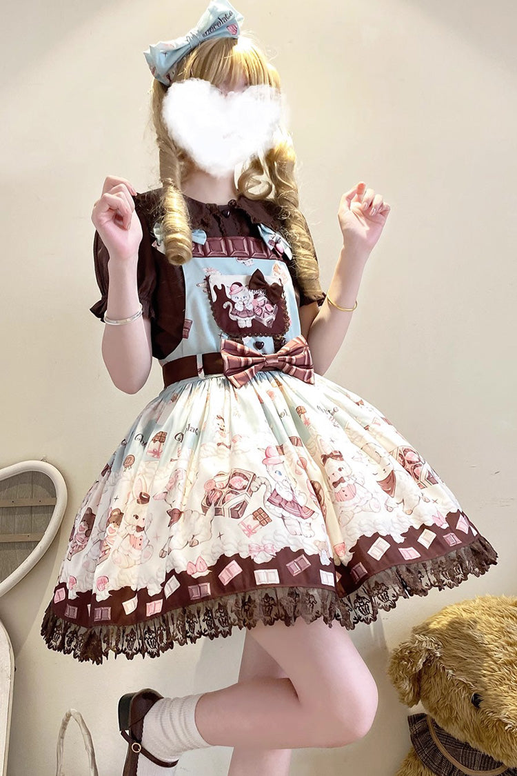 Chocolate Rosette Cat Print Bowknot Stitching Lace Sweet Lolita Jsk Dress 4 Colors