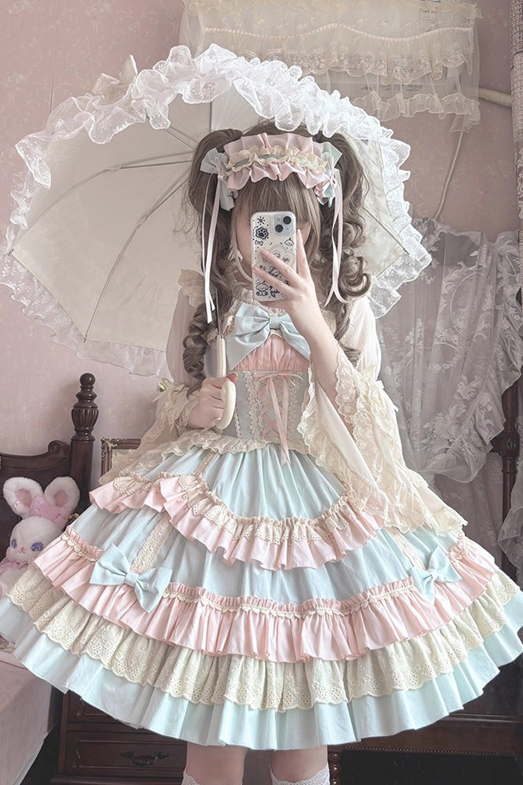 Blue/Pink Candy Sleeveless Multi-Layered Ruffle Bowknot Lace-Up Sweet Lolita Tiered Dress