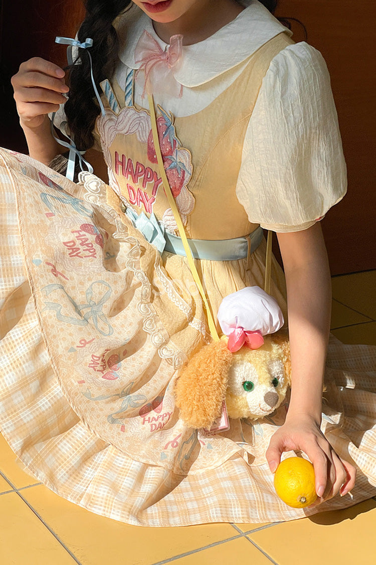 Yellow [Happy Day] Short Sleeves Triple-Layered Print Bowknot Lace Sweet Princess Lolita Dress
