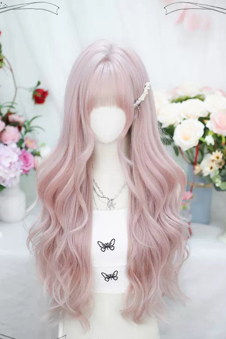 Pink Short Bangs Sweet Lolita Long Curly Wigs