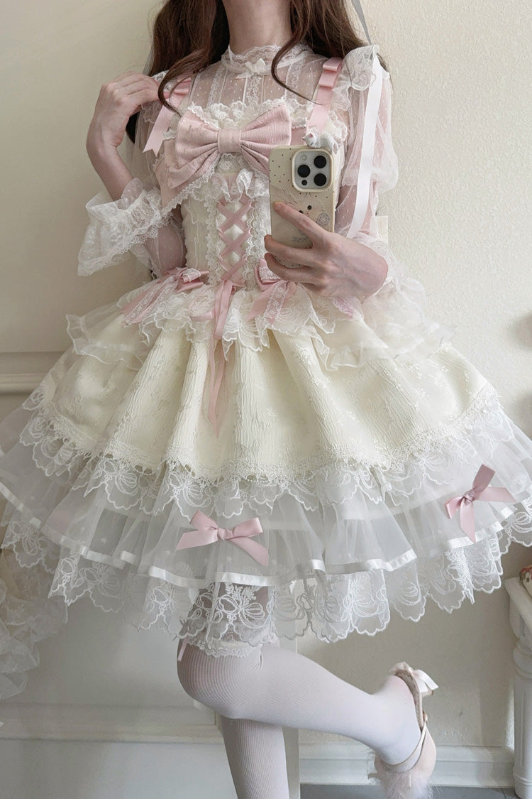 Robe Jsk Lolita Ballet Douce Slim en Dentelle à Nœud à Volants sans Manches Abricot [Île Fleishi] 