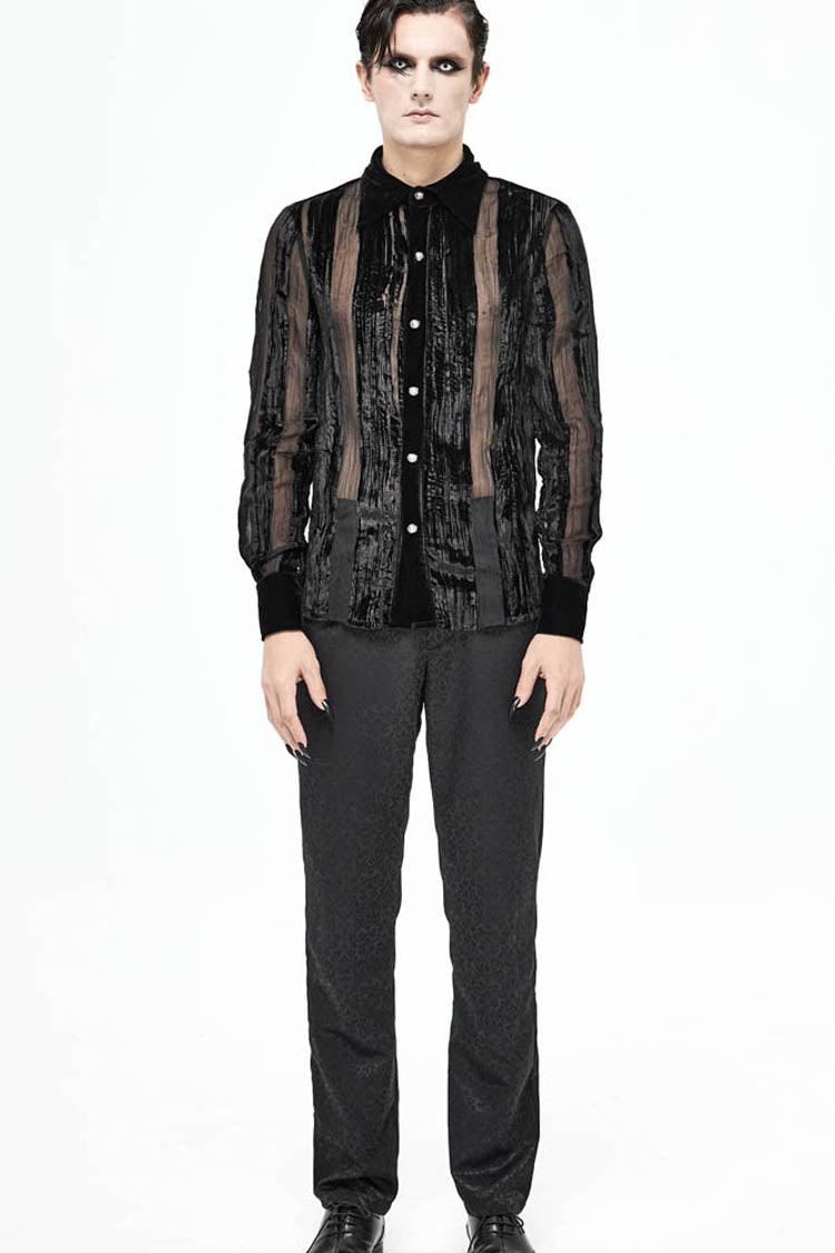 Black Striped Velvet Fold Mushroom Metal Buckles Long Sleeve Irregular Men's Gothic Shirt