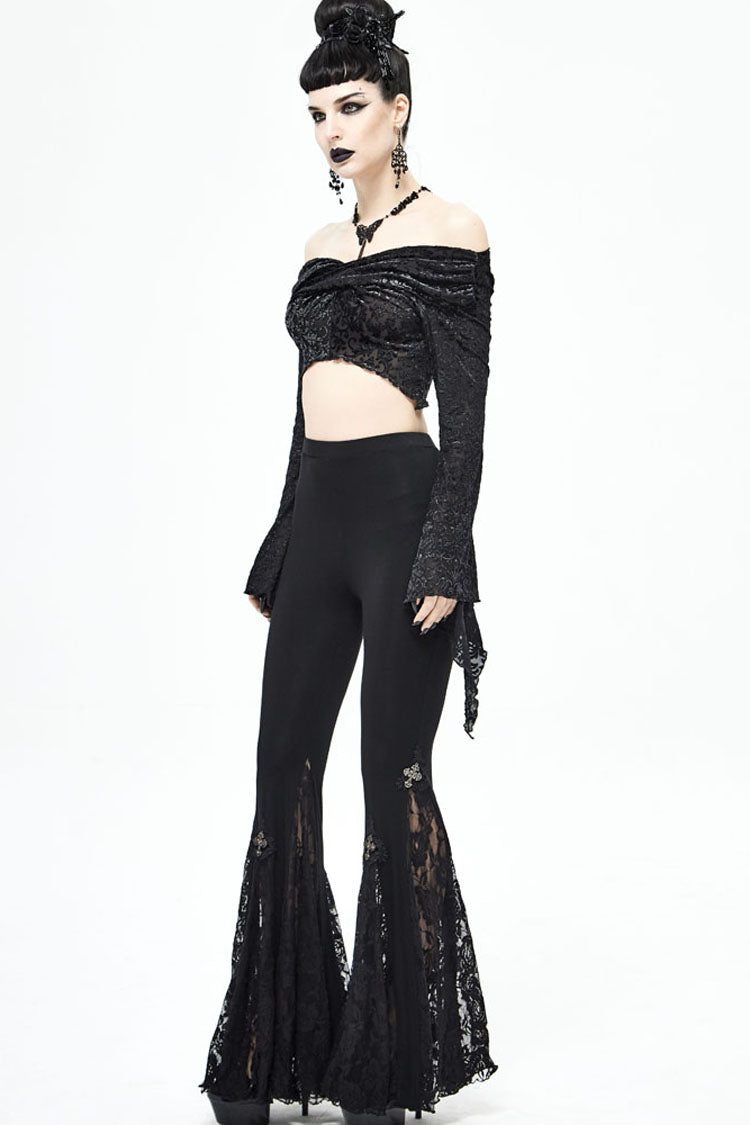 Black Long Sleeve Burnt Velvet Off-Shoulder Women's Punk Shirt