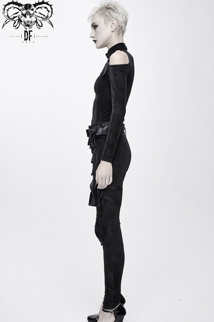 Black Hasp Knitted Collar Off-Shoulder Ribbon Irregular Floral Pattern Stretch Women's Punk Coat