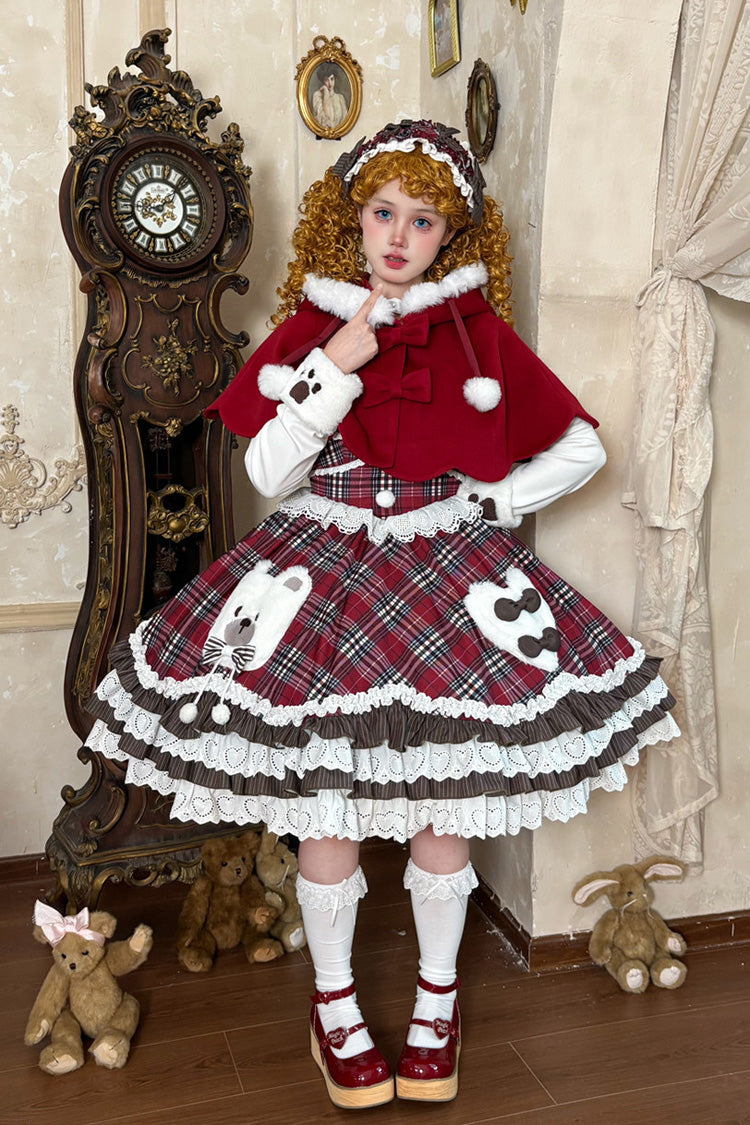 Ensemble de robe rouge Lolita Jsk à manches longues et triple imprimé à volants et nœud à volants