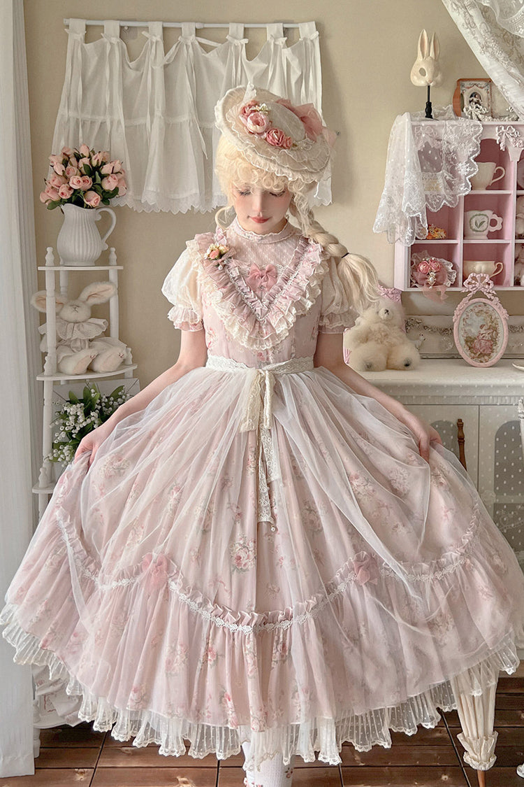 [Daydream Rose] Kurzärmliges Kleid mit Blumen-Jacquard-Print, Rüschenstickerei, Schleifenknoten, Sweet Lolita, in 3 Farben 