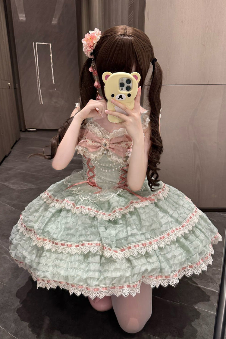 Green [Song of Floral Letters] Sleeveless Triple-Layered Bowknot Lace-Up Sweet Lolita Jsk Dress