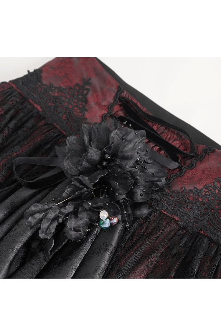 Black/Red Ruffle Lace Drawstring Women's Gothic Skirt