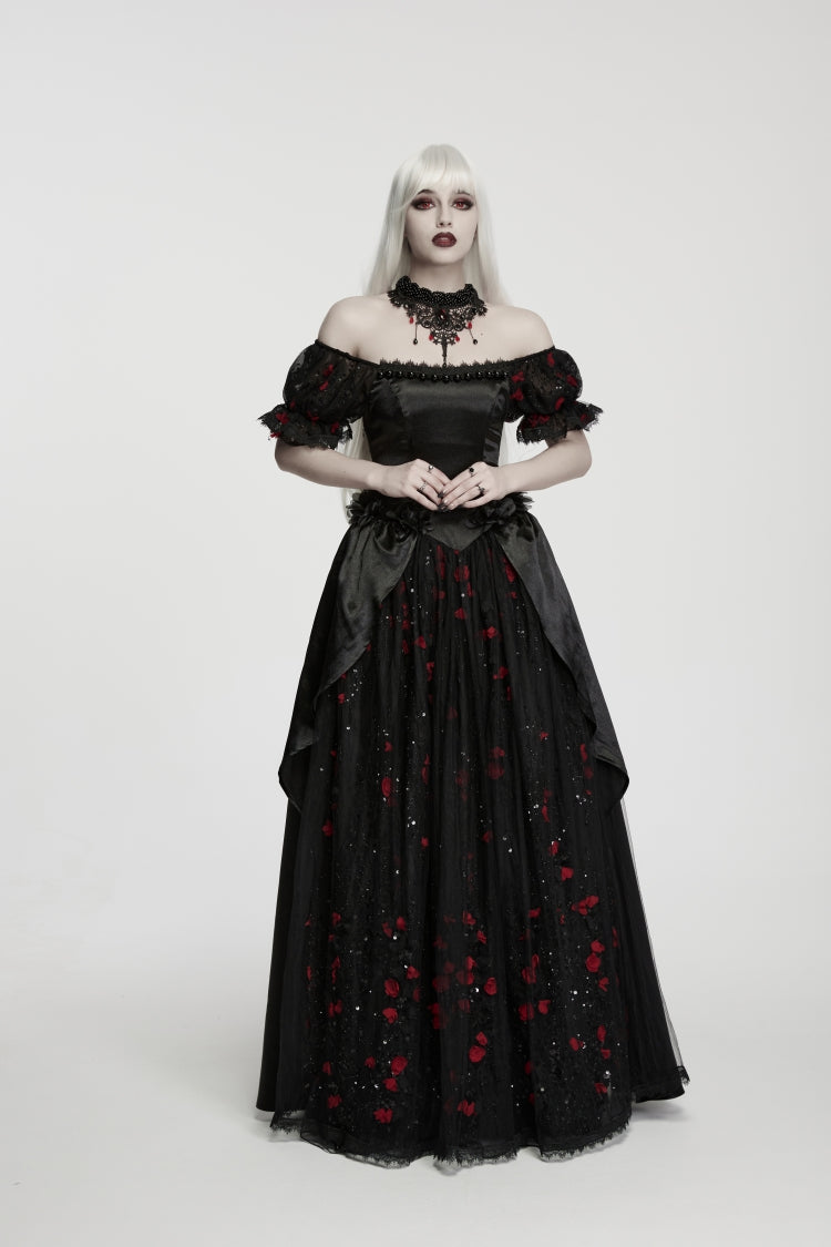 Black/Red Square Collar Off Shoulder Short Puff Sleeves Multi-Layered Wedding Style Patchwork Lace Lace-Up Women's Gothic Princess Luxurious Royal Strapless Dress