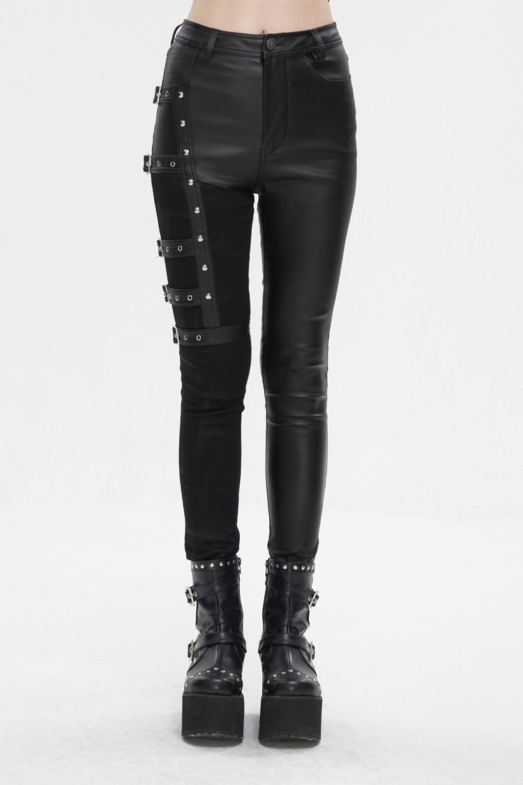 Black Tight Leather Multi Buckle Splice Women's Punk Pants