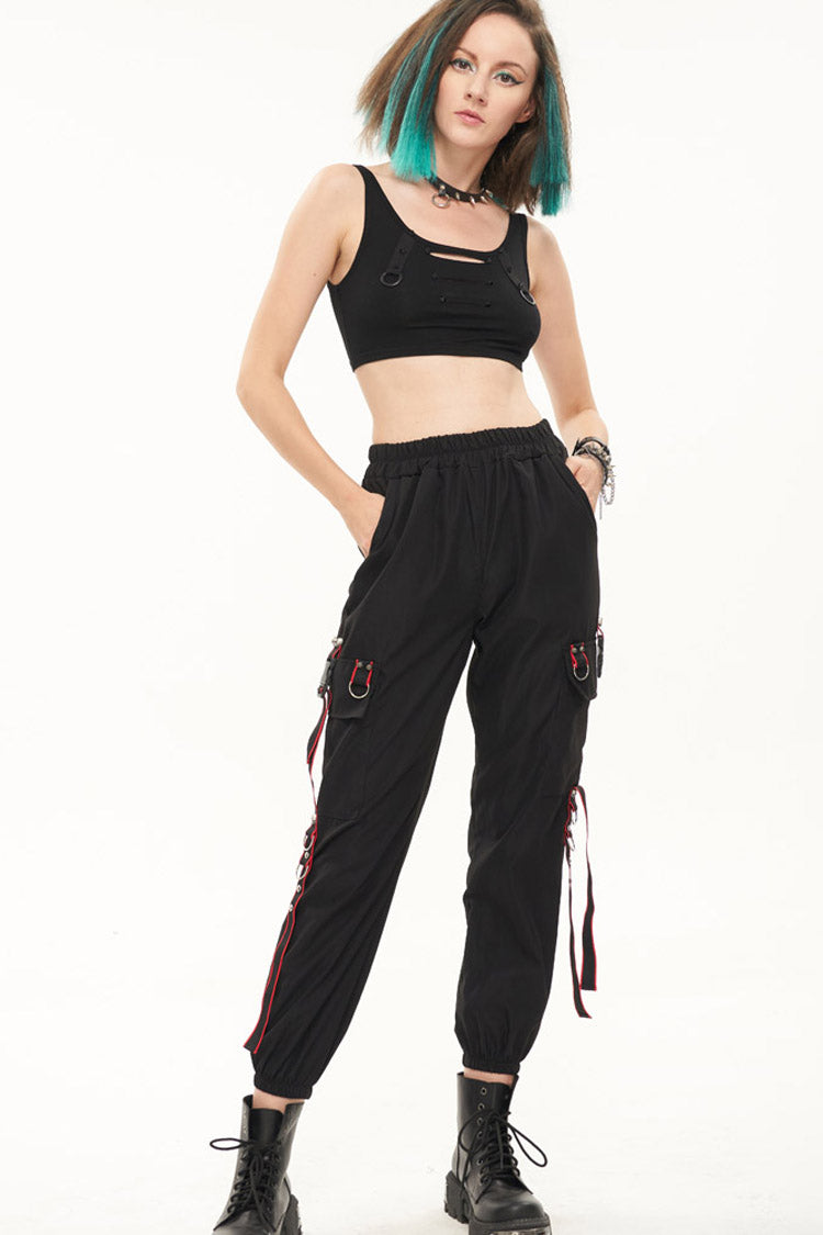 Black Punk Casual Skull Webbing Decoration Women's Long Pants