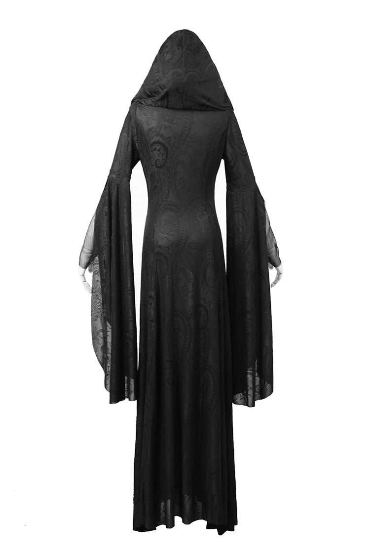 Black Hooded Metal Buckle Long Trumpet Sleeves Embroidery Womens Gothic Dress