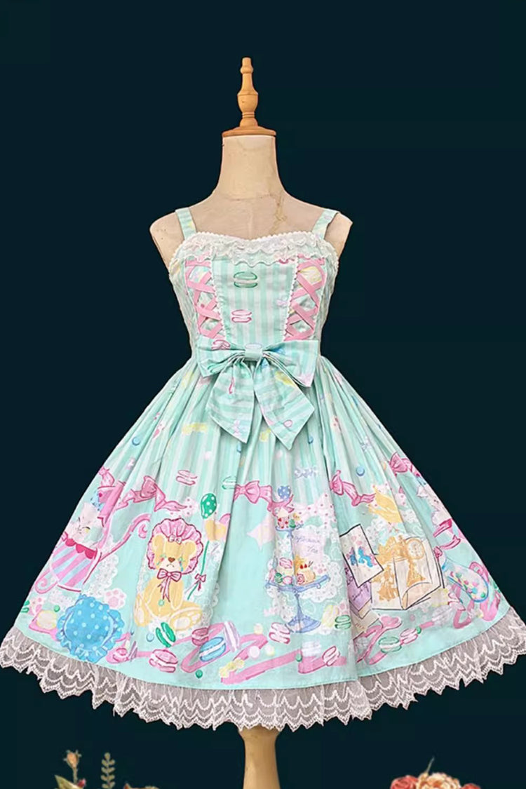 [Macaron Dolly House] Robe Jsk Lolita douce sans manches avec imprimé, nœud et lacets 3 couleurs 