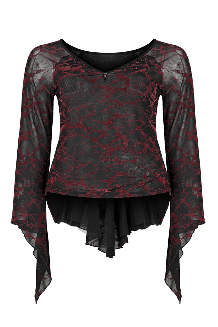 Rotes V-Ausschnitt-Stretch-Netzgewebe mit abstraktem Musterdesign und ausgestellten Bündchen, Gothic-T-Shirt für Damen in Übergröße