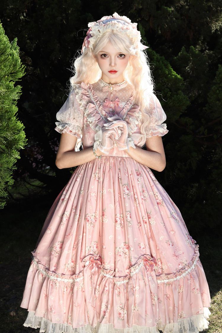 [Daydream Rose] Kurzärmliges Kleid mit Blumen-Jacquard-Print, Rüschenstickerei, Schleifenknoten, Sweet Lolita, in 3 Farben 