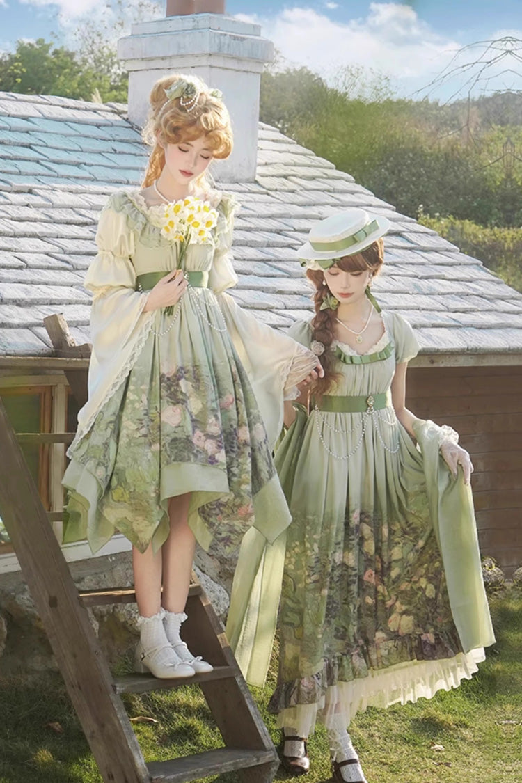 Green [Blooming Roses] Print Oil Painting Chiffon Ruffle Bowknot Irregular Sweet Lolita Jsk Dress