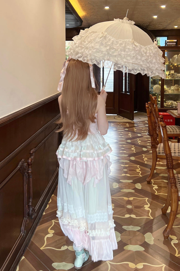 Rosa/Grün Sommer Garten Rüschen Stickerei Bowknot Spitze Süße Lolita Jsk Langes Kleid