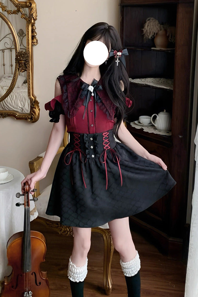Black/Red [Overture to the Dead] Off Shoulder Short Sleeves Ruffle Bowknot Lace-Up Gothic Jirai Kei Japanese Skirt Set