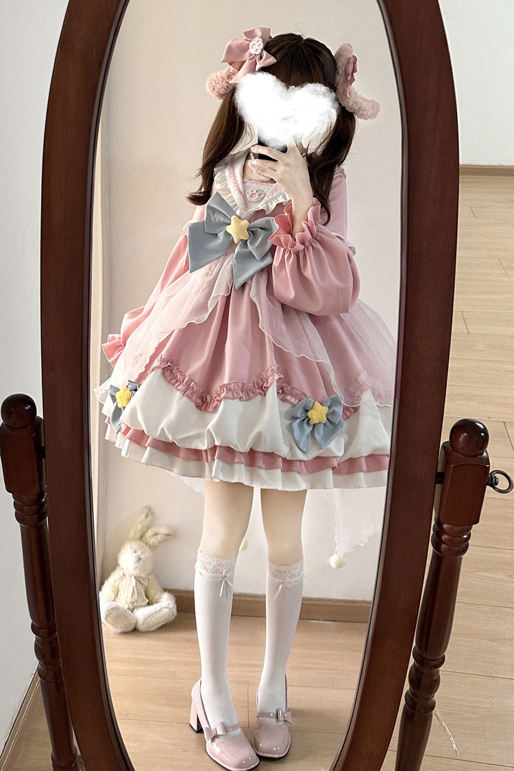 [Pray Star] Long Sleeves Double-Layered Ruffle Bowknot Stitching Lace Sweet Lolita Dress 5 Colors