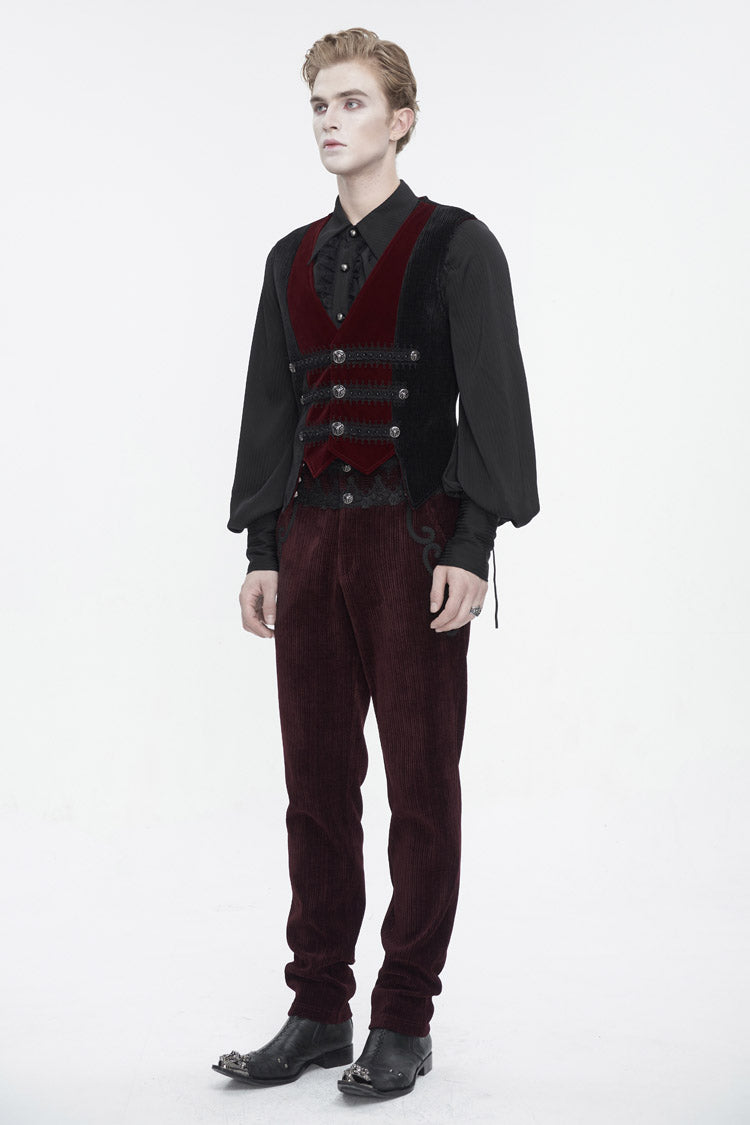 Black/Red Irregular Velvet Splice Corduroy Men's Gothic Waistcoat
