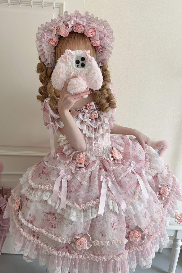 Pink [Rose Manor] Short Puff Sleeves Ruffle Bowknot Lace Sweet Japanese Princess Lolita Dress