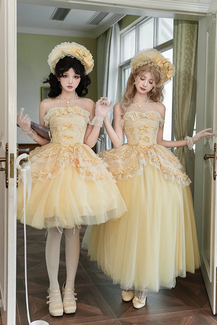 Yellow [Sissi's Pilgrimage] Off Shoulder Ruffle Bowknot Lace Sweet Lolita Skirt (Short Version)