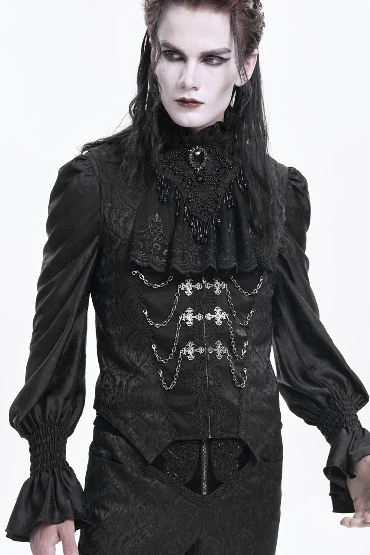 Black Sleeveless Jacquard Chain Buckle-up Men's Gothic Vest