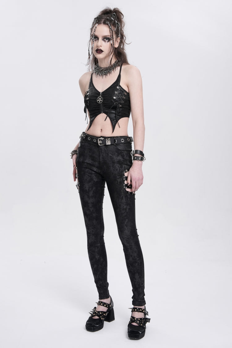 Black Print Cutout Buckle Women's Gothic Pants