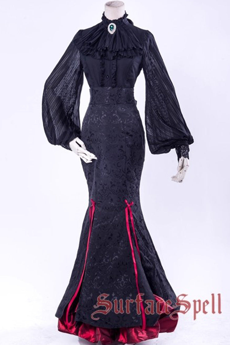 Black/Red [Lorelei] Double-Layered Print Ruffle Gothic Elegant Lolita Jacquard Mermaid Maxi Skirt