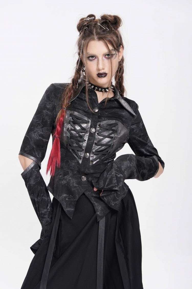 Black Lapel Collar Long Sleeves Print Lace-Up Cutout Women's Punk Blouse