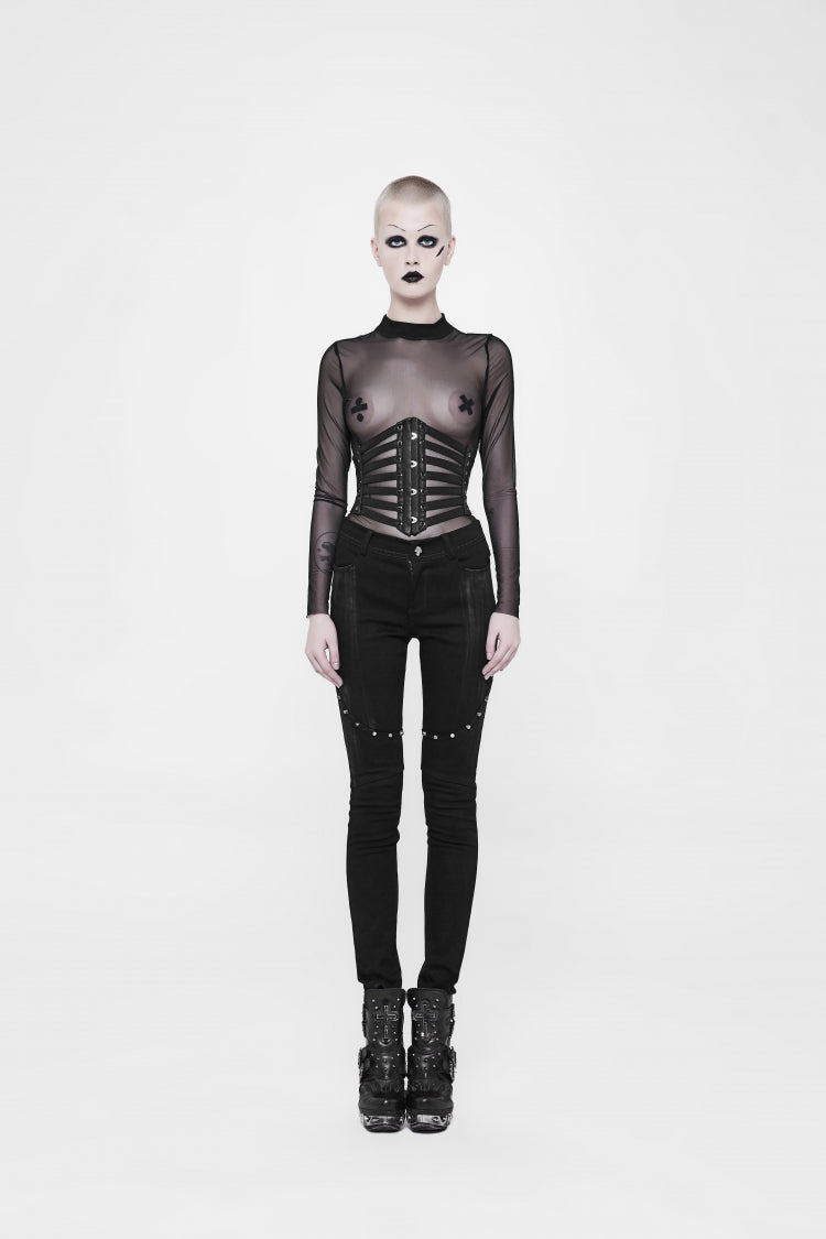 Schwarzer Punk-Cool-Gürtel für Damen mit schmaler Schnalle zum Schnüren