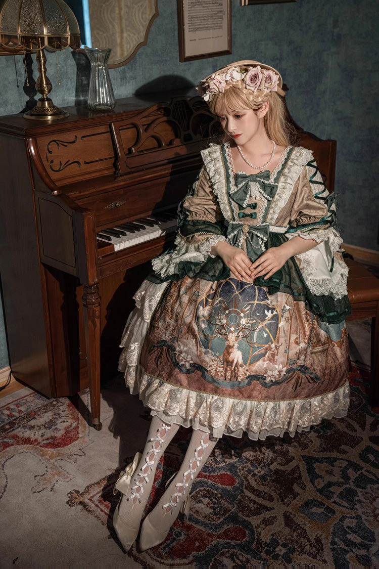 Green Gorgeous Short Sleeves Ruffle Bowknot Print Classic Lolita Dress
