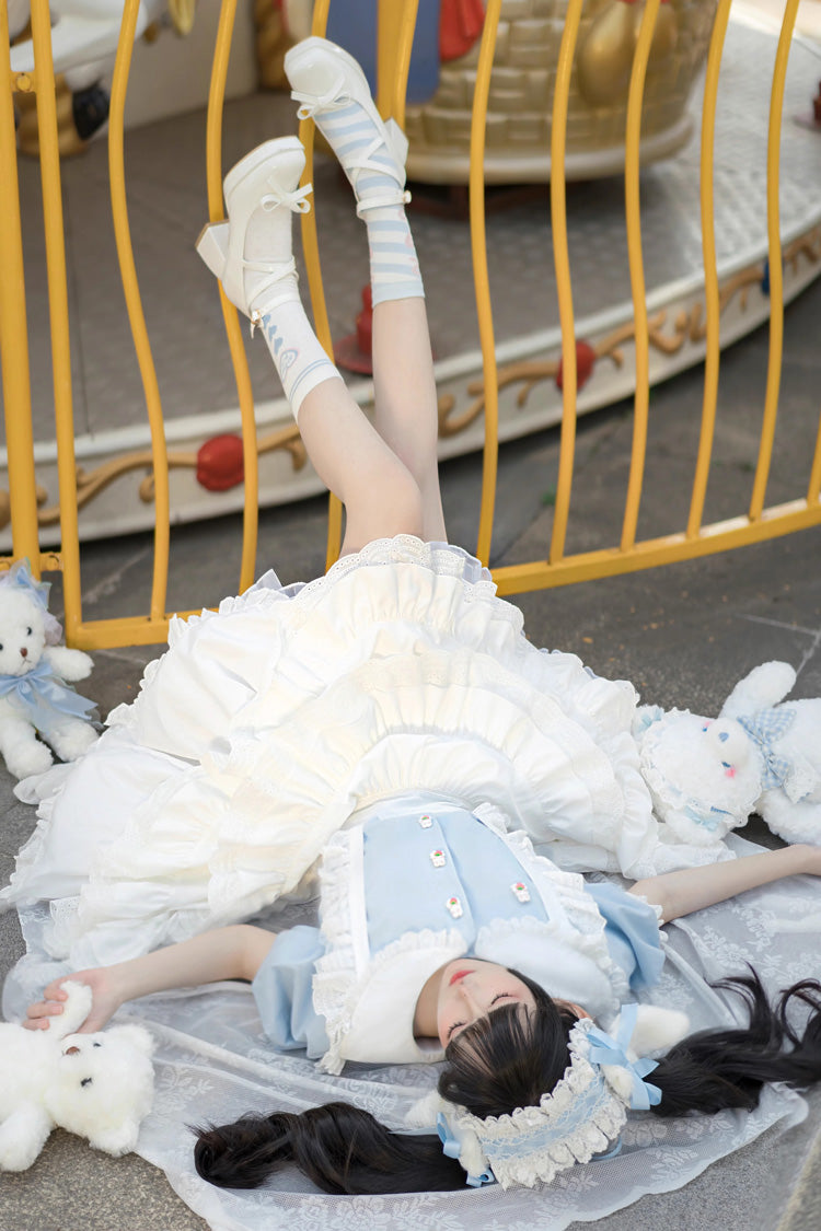 White/Blue Doll Collar Short Sleeves Multi-layer Ruffle Sweet Princess Lolita Skirt Dress Set