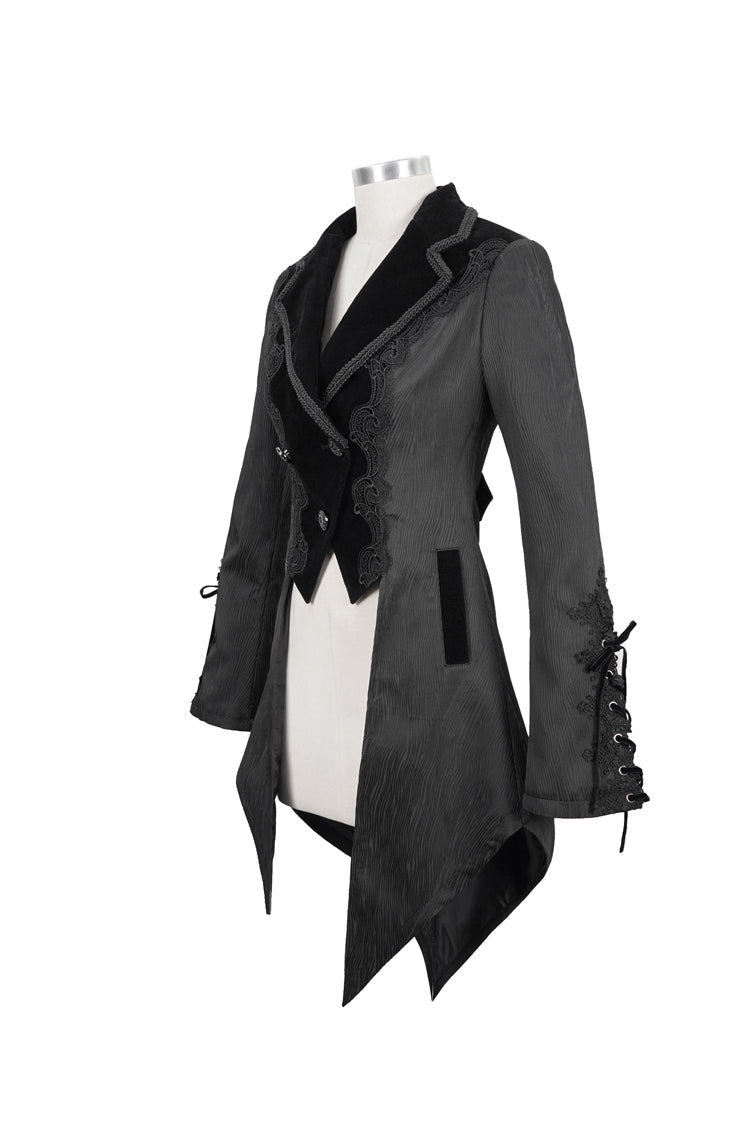 Black Front Decals Metal Button Lace-Up Cuff Dovetail Hem Striped Jacquard Women's Gothic Coat