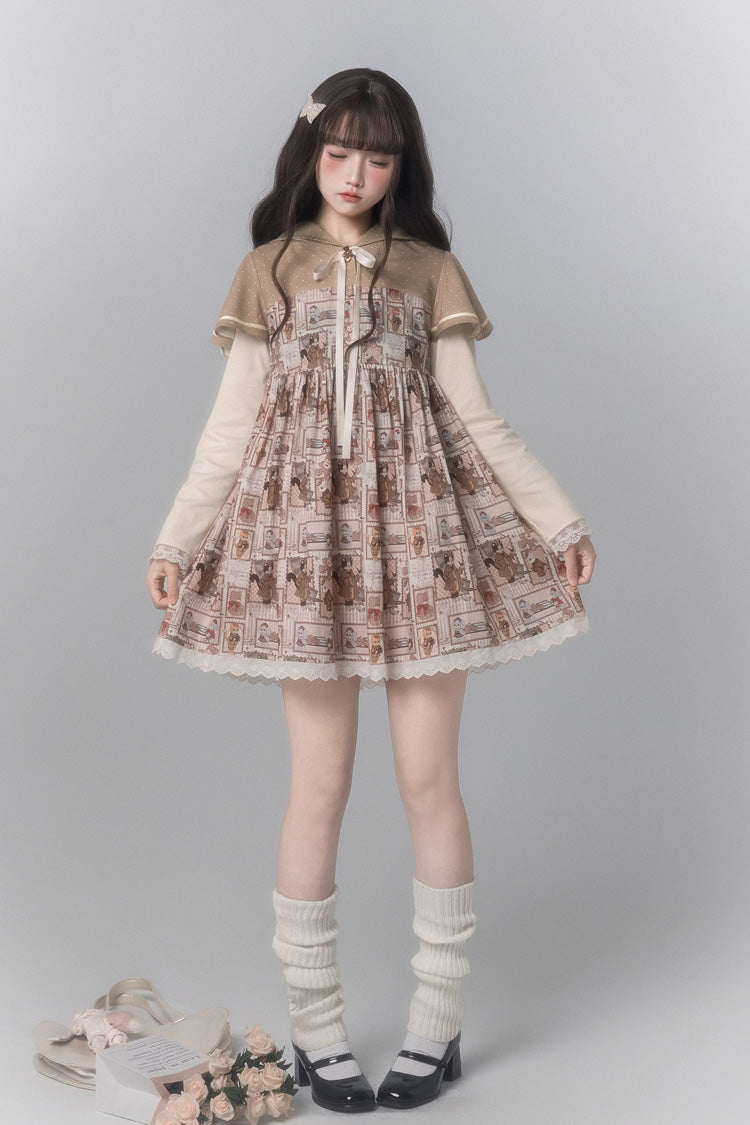 Braunes [Bear Stamp] süßes Lolita-Kleid mit langen Ärmeln, bedruckt und Kapuze
