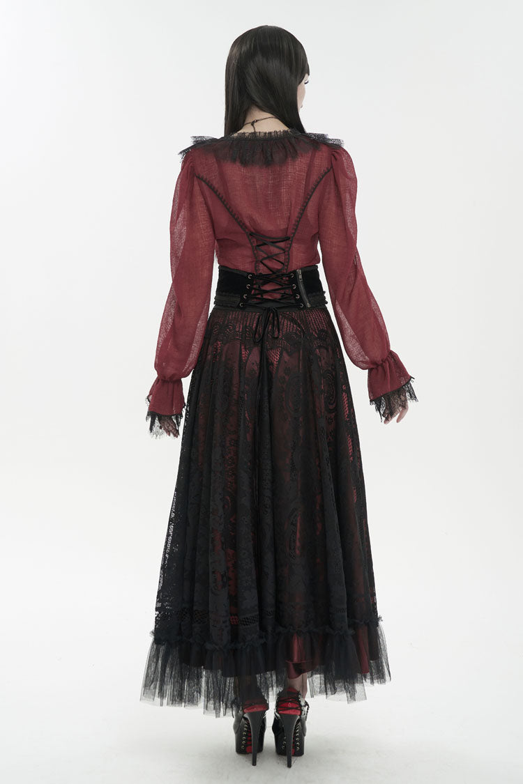 Red Thin Waist Plaid Stitching Layered Lace Long Sleeves Women's Gothic Shirt