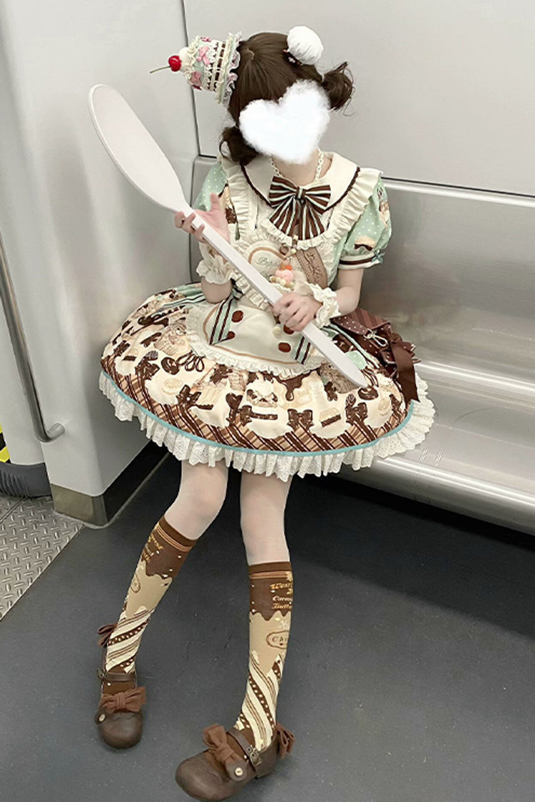 Brown [Peppermint Chocolate] Chocolate Cake Bear Print Ruffle Bowknot Lace-Up Sweet Lolita Dress