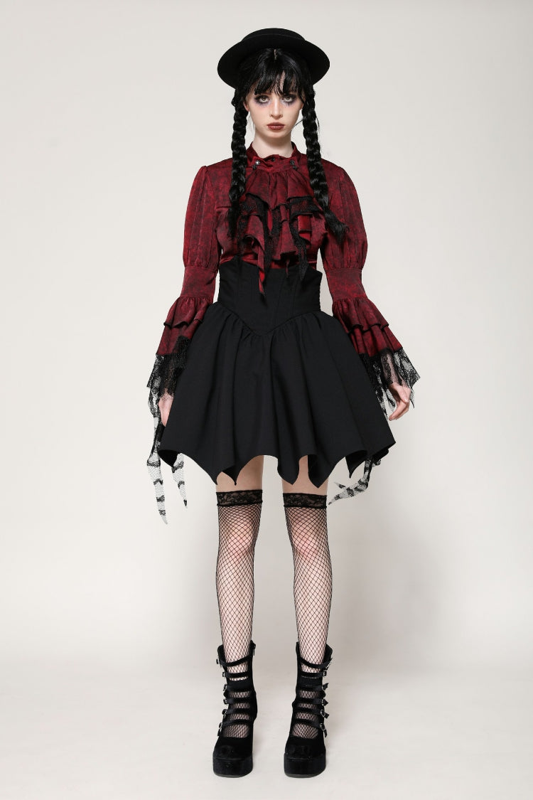 Blouse gothique rouge à lacets à manches longues en dentelle à volants multicouches pour femmes