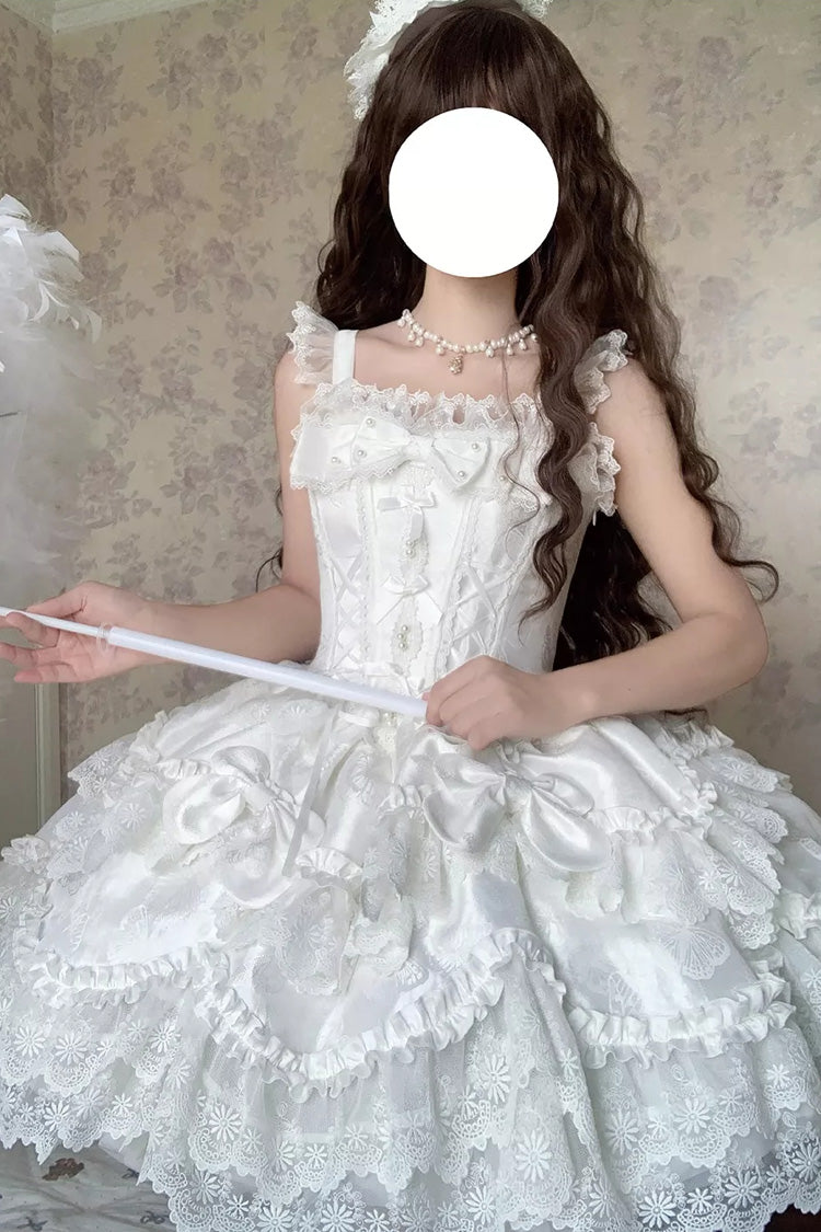 Weißes [Realm of Sea Moon] ärmelloses, mehrschichtiges Jacquard-Kleid mit gerüschter Schleife und Spitze, quadratischem Kragen und süßer Schnürung, süßes Lolita-JSK-Kleid