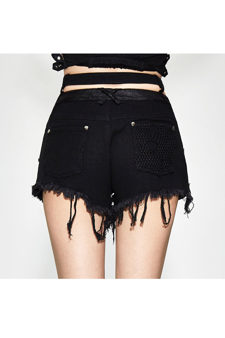 Schwarze Burr Distressed Punk-Shorts für Damen mit doppeltem Bund