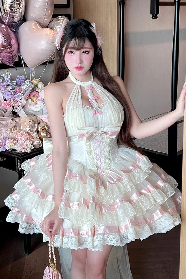Robe Lolita Beige [Ballet Dream] à col licou avec volants à trois couches, nœud papillon et laçage, style princesse douce 