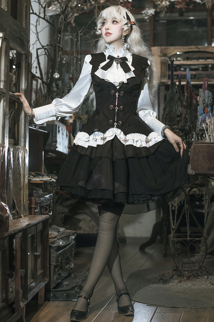 Black/White [The Duke of Blood] Multi-Layered Ruffle Bowknot Gothic Lolita Vest Skirt Set