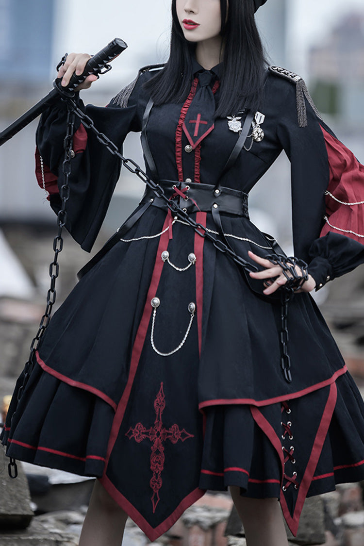 Schwarz/Rot Langärmliges Punisher Militär Unregelmäßiges Gothic Lolita Kleid Komplettset